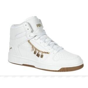 PUMA Kids Rebound Layup White High Top Gold Charms Lace Girls Sneakers Sz 1.5C
